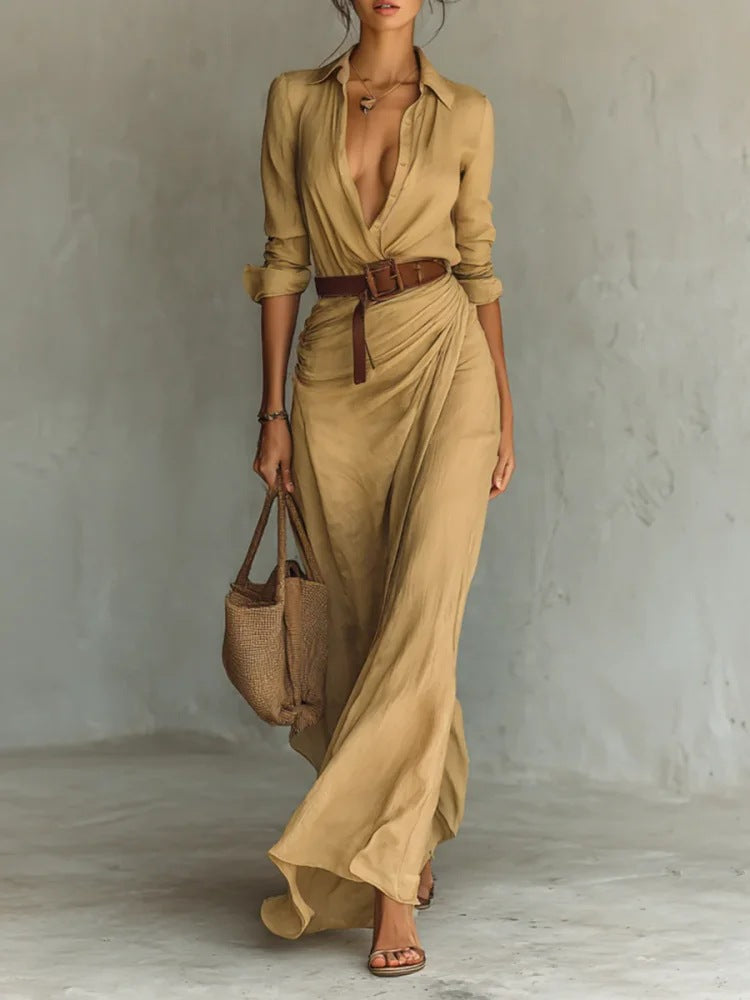 Fashion Sexy Single-breasted V-neck Long-sleeved Dress