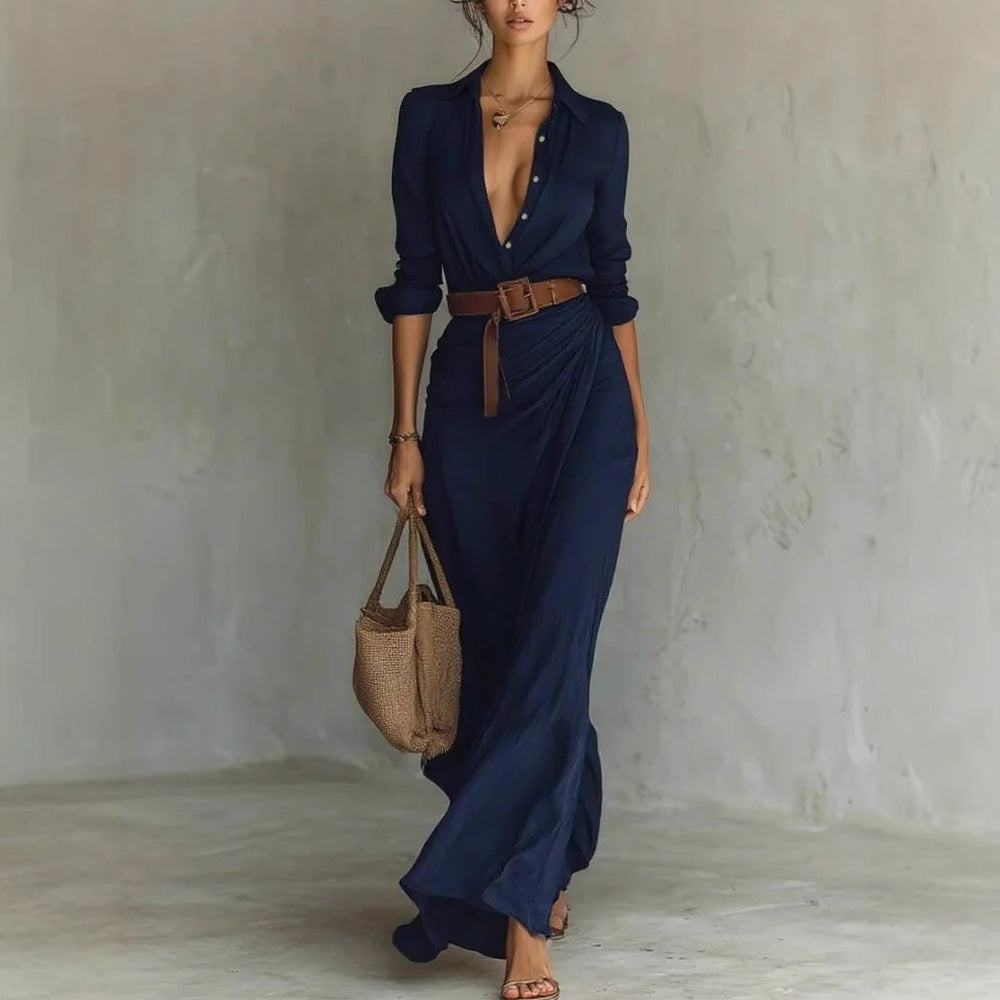 Fashion Sexy Single-breasted V-neck Long-sleeved Dress