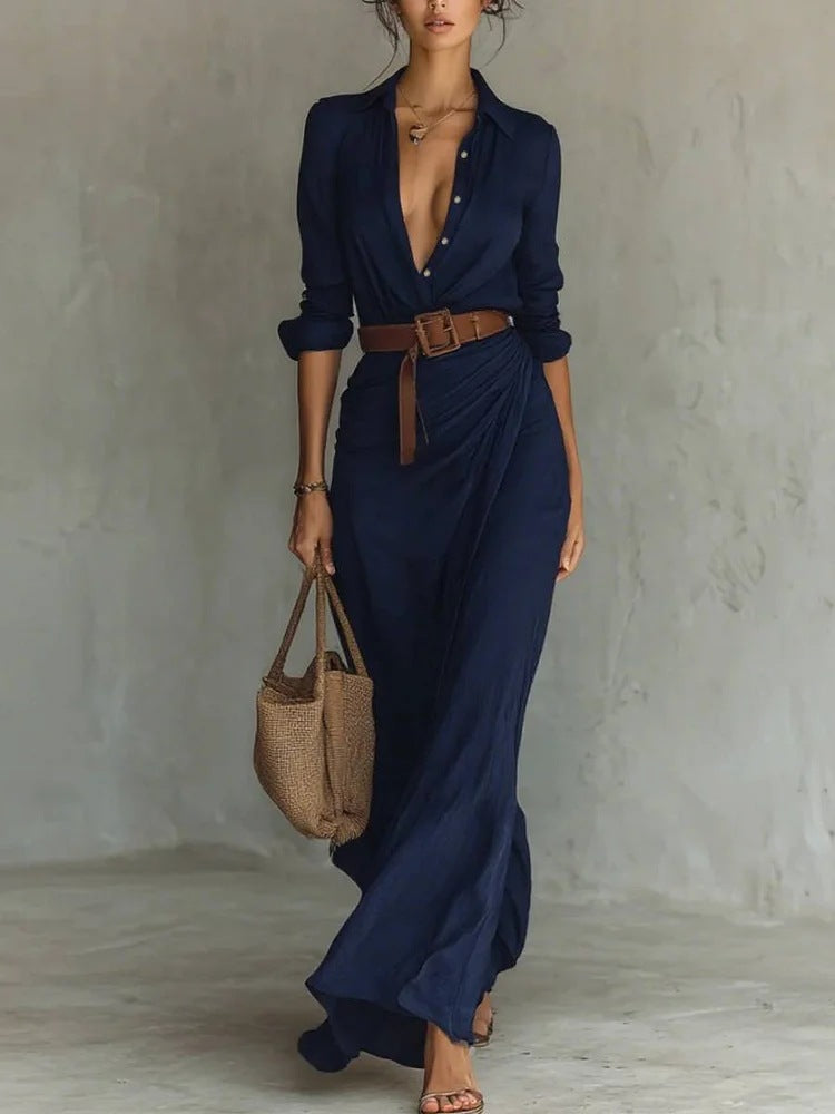 Fashion Sexy Single-breasted V-neck Long-sleeved Dress
