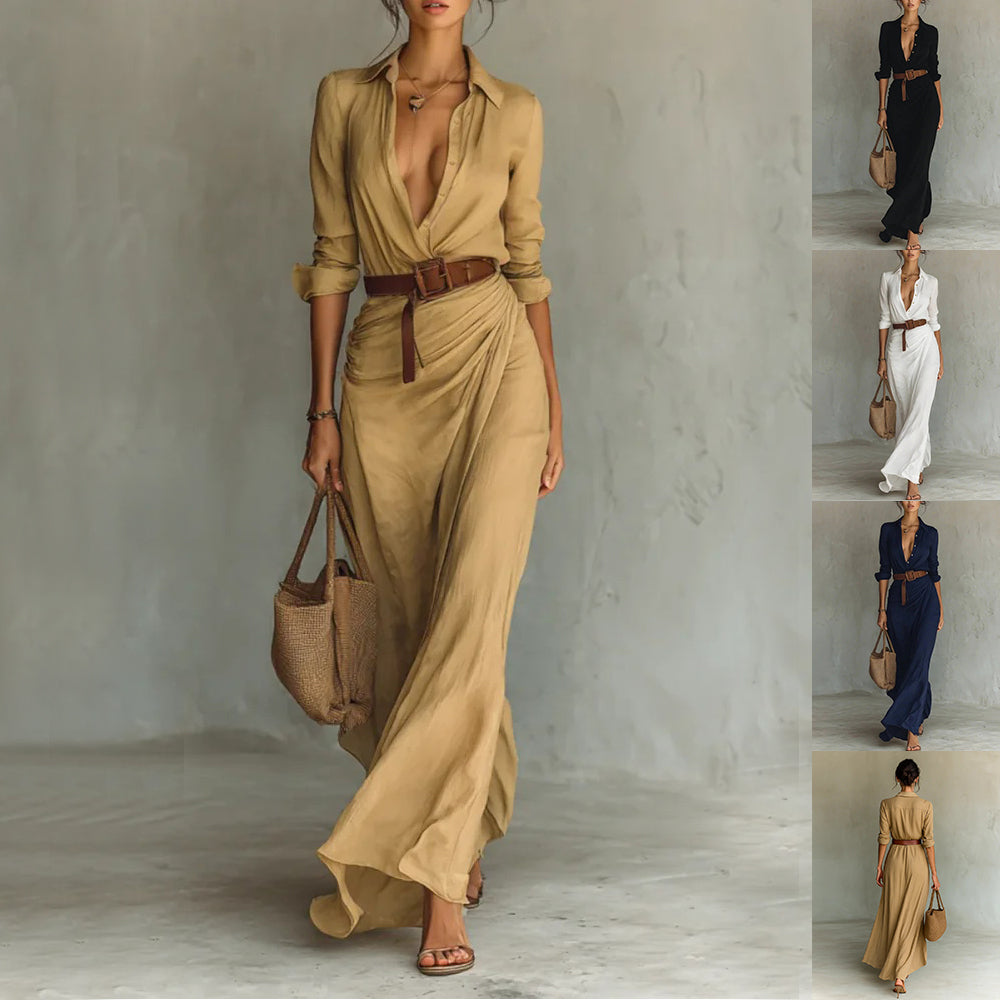 Fashion Sexy Single-breasted V-neck Long-sleeved Dress