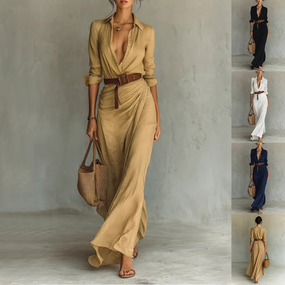 Fashion Sexy Single-breasted V-neck Long-sleeved Dress