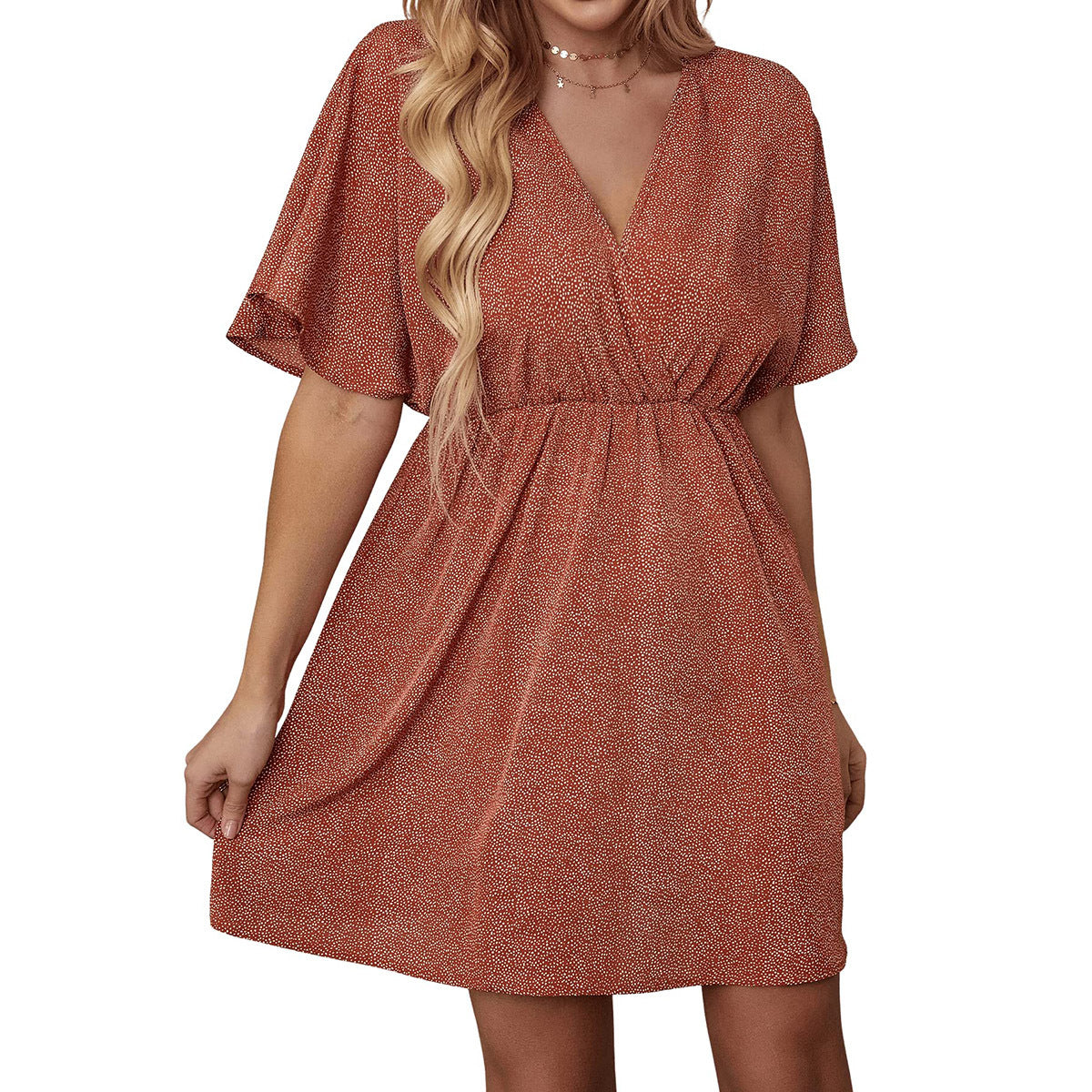 Women's short-sleeved dress with a V-neck, casual and loose style