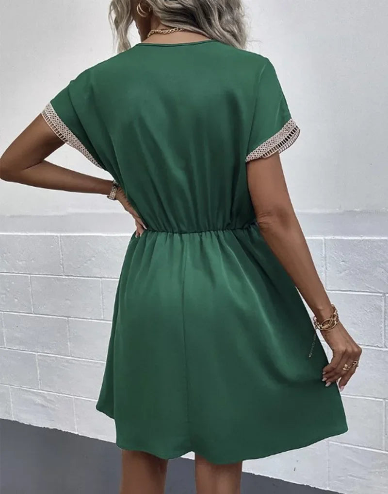 Women's summer dress, plain, with short sleeves and a V-neck