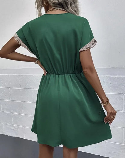 Women's summer dress, plain, with short sleeves and a V-neck