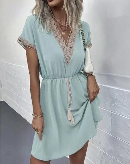 Women's summer dress, plain, with short sleeves and a V-neck