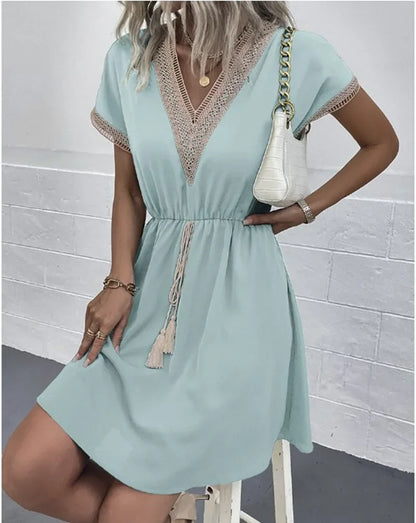 Women's summer dress, plain, with short sleeves and a V-neck