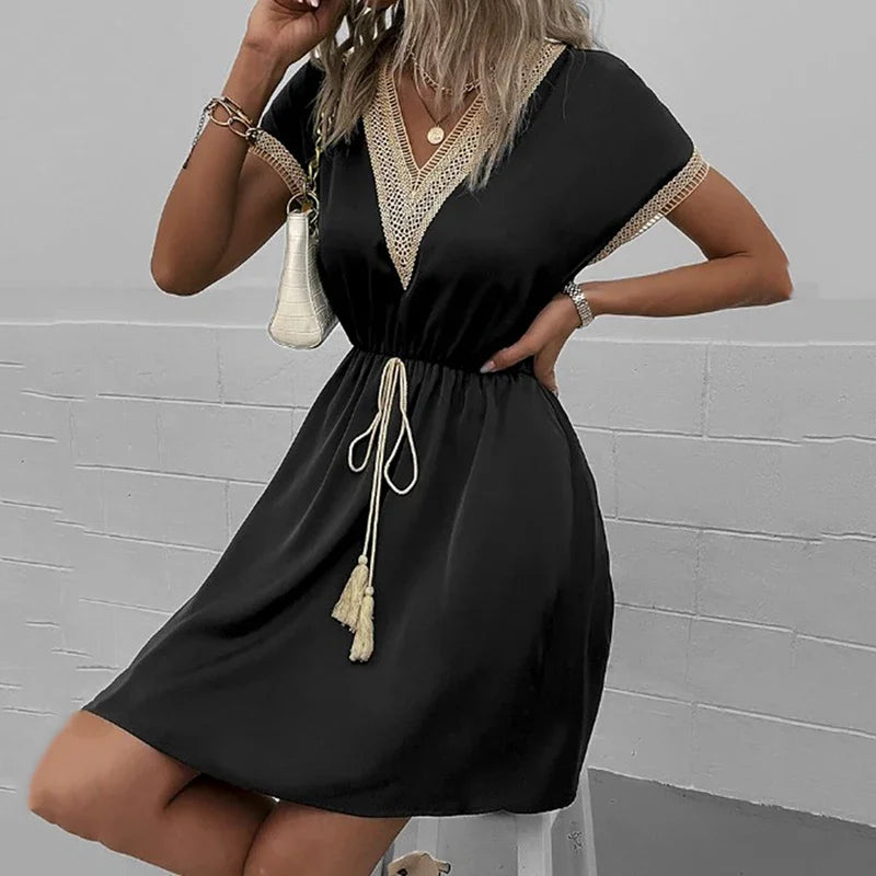 Women's summer dress, plain, with short sleeves and a V-neck