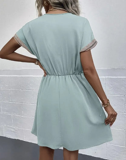Women's summer dress, plain, with short sleeves and a V-neck