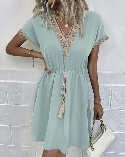 Women's summer dress, plain, with short sleeves and a V-neck