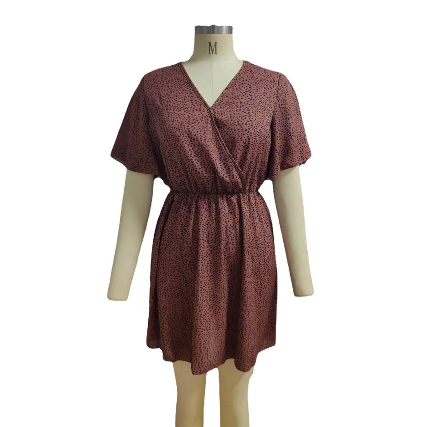 Women's short-sleeved dress with a V-neck, casual and loose style