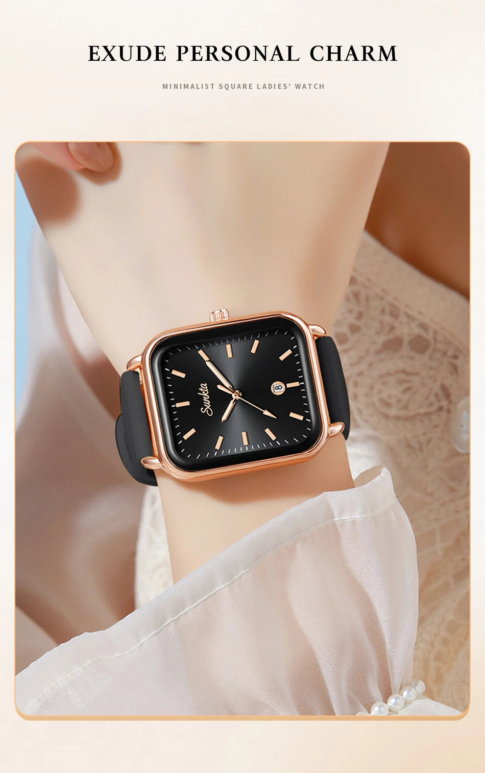 Elegant and modern Sunkta women's watch, square, luxurious