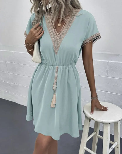Women's summer dress, plain, with short sleeves and a V-neck
