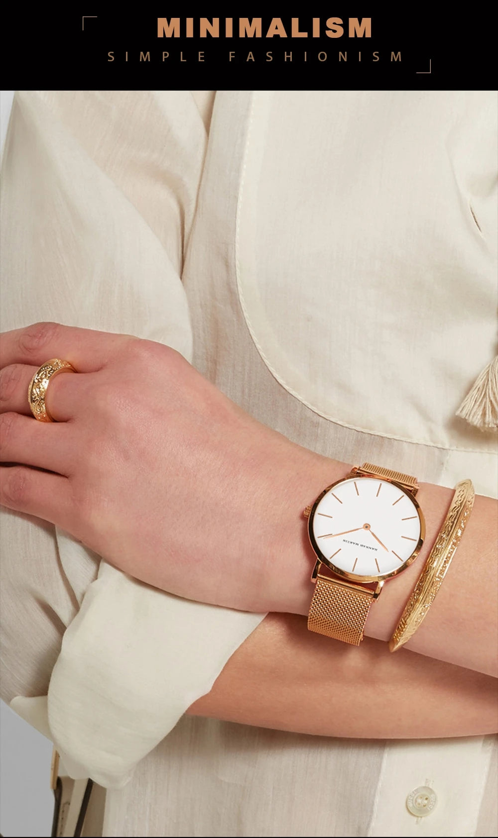 Women's watch with Japanese quartz movement, simple design in gold-tone stainless steel