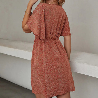 Women's short-sleeved dress with a V-neck, casual and loose style