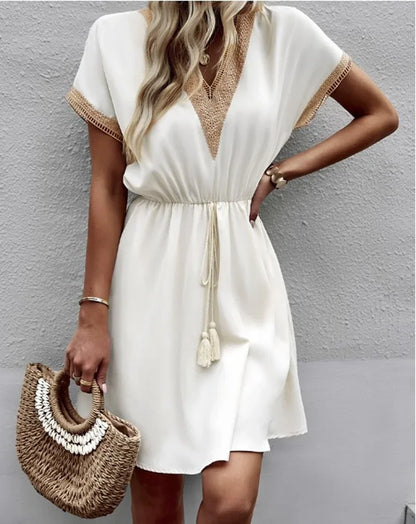 Women's summer dress, plain, with short sleeves and a V-neck