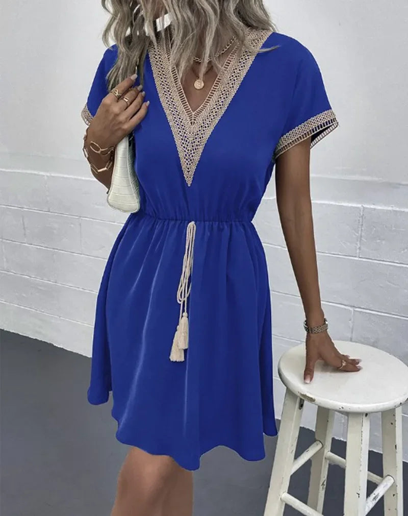 Women's summer dress, plain, with short sleeves and a V-neck