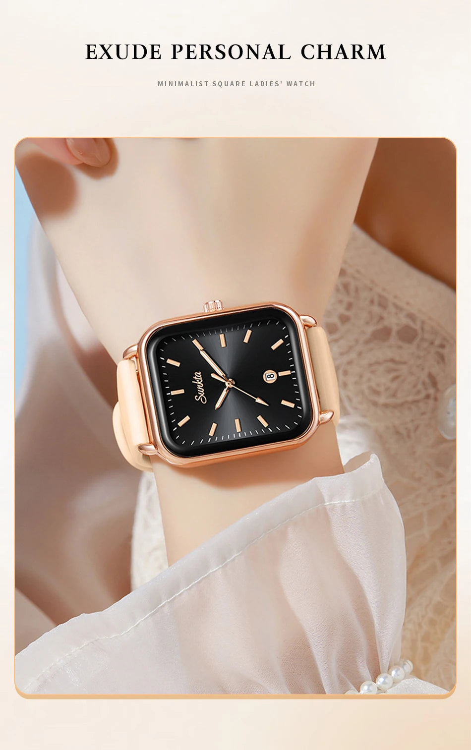 Elegant and modern Sunkta women's watch, square, luxurious