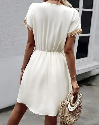 Women's summer dress, plain, with short sleeves and a V-neck