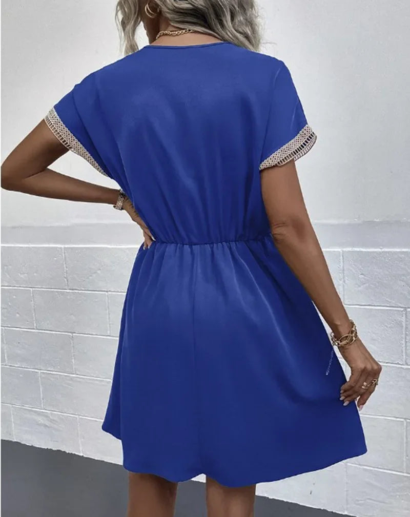 Women's summer dress, plain, with short sleeves and a V-neck