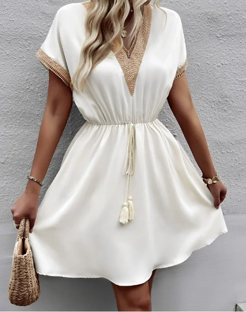 Women's summer dress, plain, with short sleeves and a V-neck