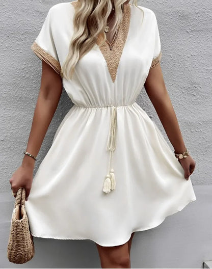 Women's summer dress, plain, with short sleeves and a V-neck