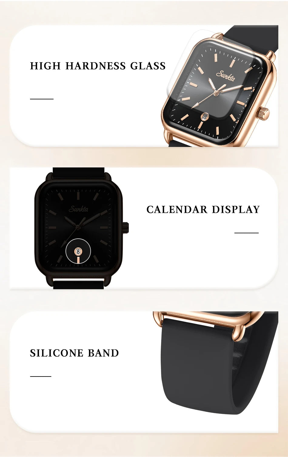 Elegant and modern Sunkta women's watch, square, luxurious