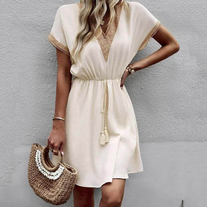 Women's summer dress, plain, with short sleeves and a V-neck