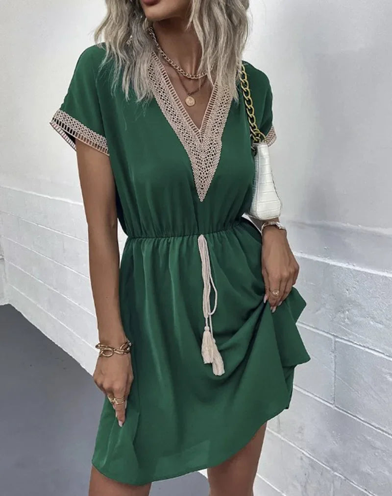 Women's summer dress, plain, with short sleeves and a V-neck