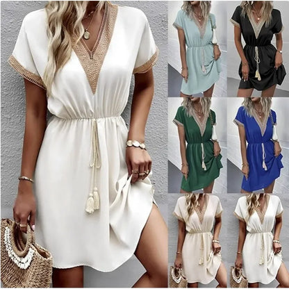 Women's summer dress, plain, with short sleeves and a V-neck
