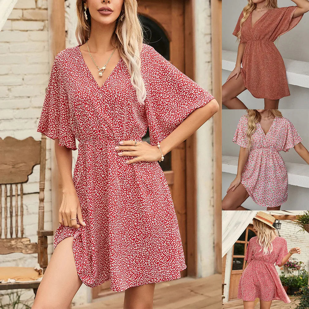 Women's short-sleeved dress with a V-neck, casual and loose style