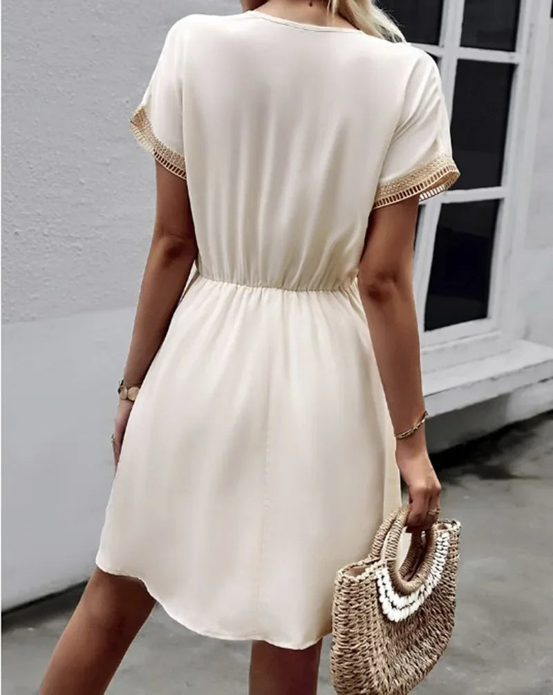 Women's summer dress, plain, with short sleeves and a V-neck
