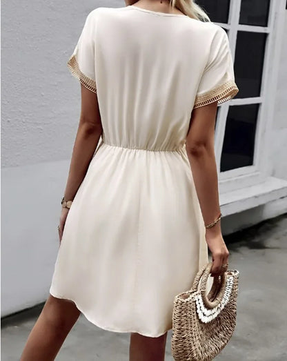Women's summer dress, plain, with short sleeves and a V-neck