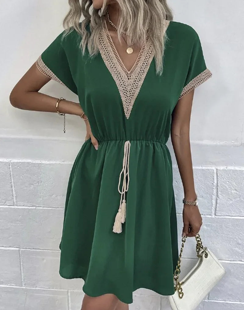 Women's summer dress, plain, with short sleeves and a V-neck