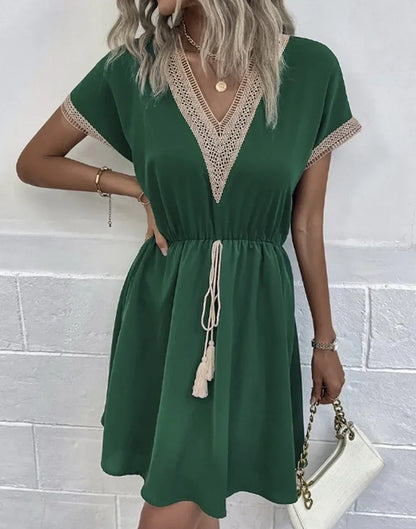Women's summer dress, plain, with short sleeves and a V-neck