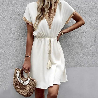 Women's summer dress, plain, with short sleeves and a V-neck