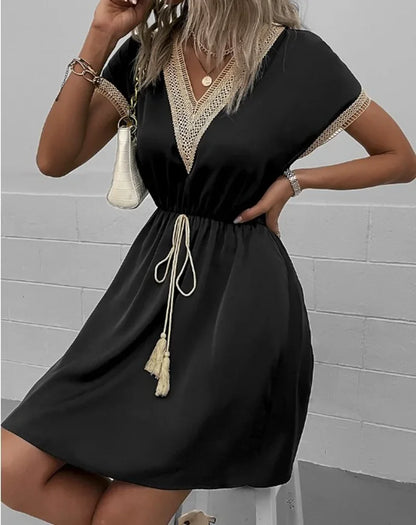 Women's summer dress, plain, with short sleeves and a V-neck