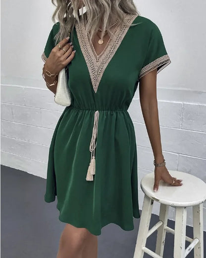 Women's summer dress, plain, with short sleeves and a V-neck