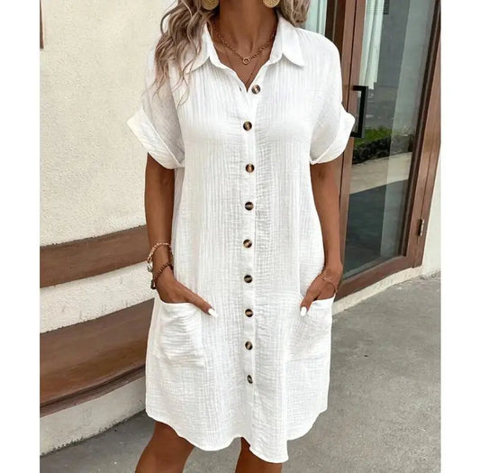Women's dress, plain with a fold-down collar, single-breasted closure, and loose fit