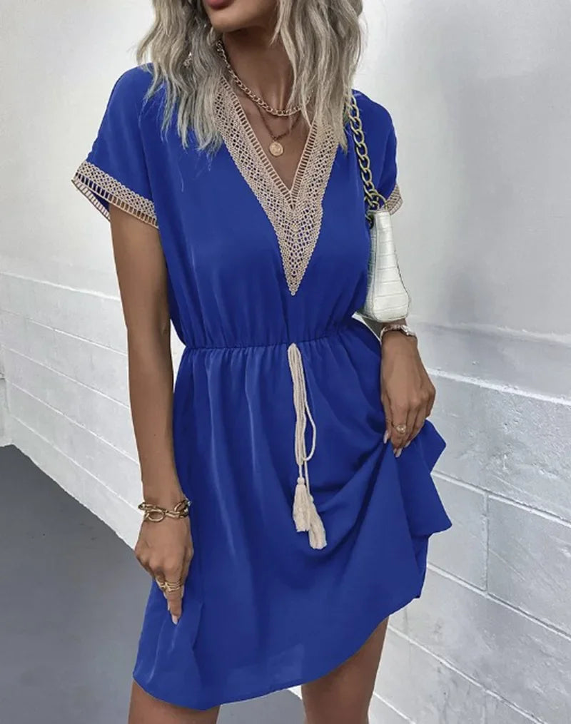 Women's summer dress, plain, with short sleeves and a V-neck