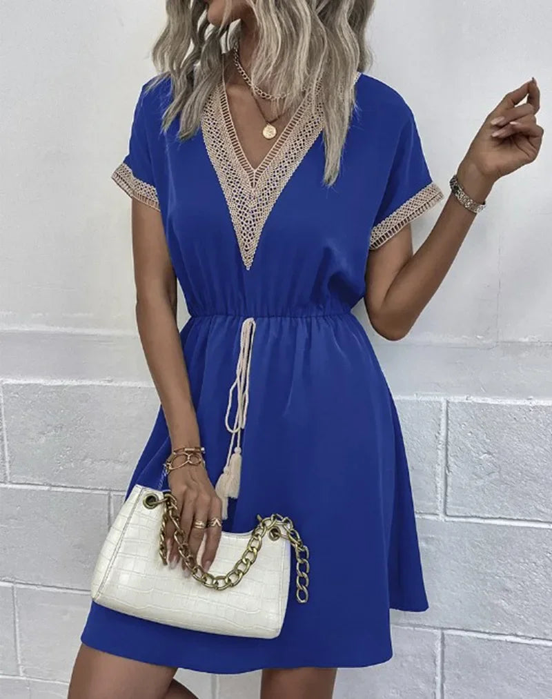 Women's summer dress, plain, with short sleeves and a V-neck
