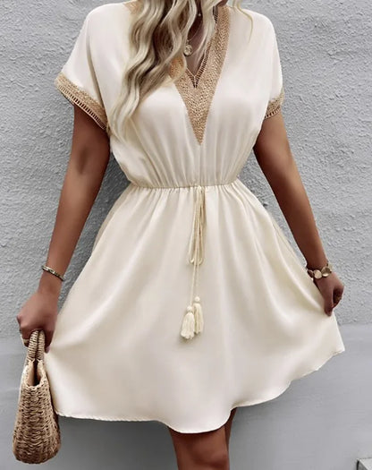 Women's summer dress, plain, with short sleeves and a V-neck