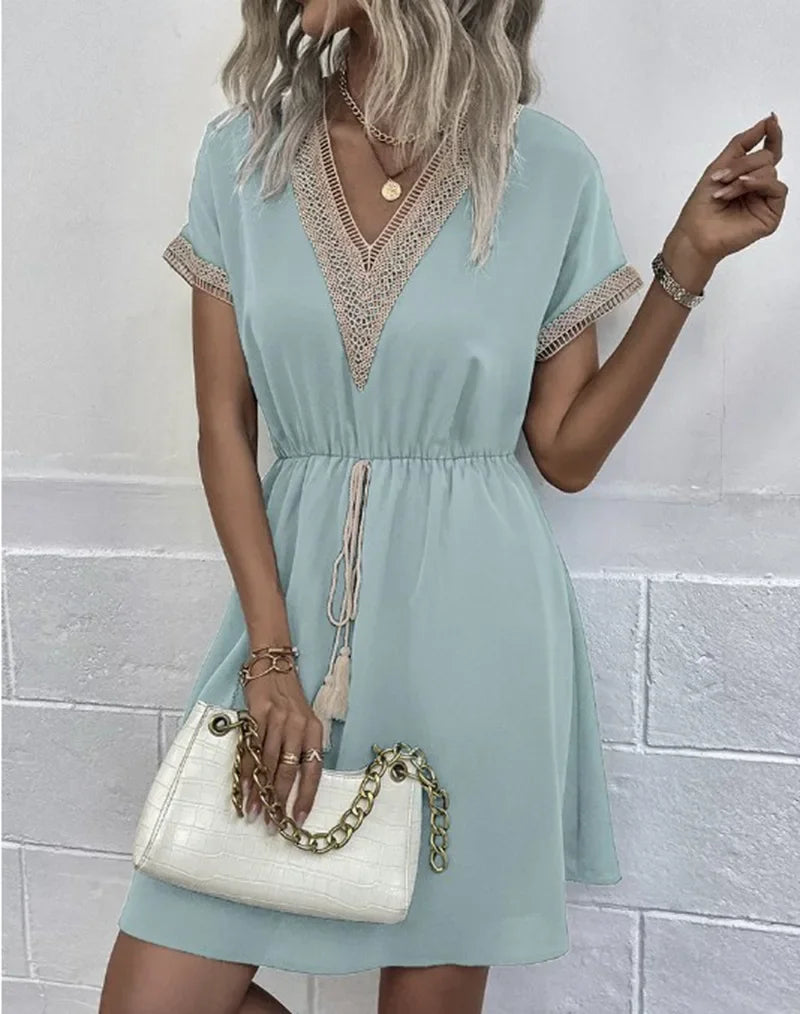 Women's summer dress, plain, with short sleeves and a V-neck