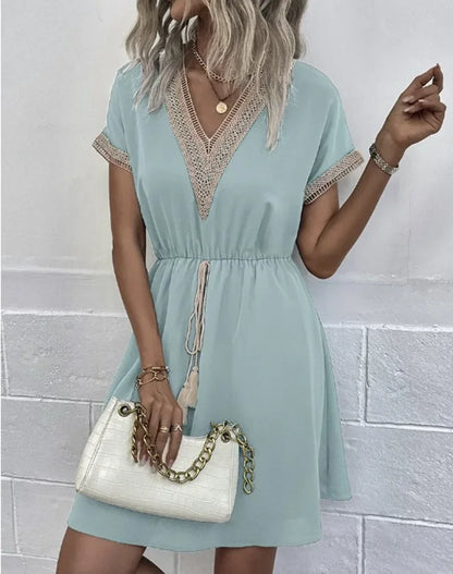 Women's summer dress, plain, with short sleeves and a V-neck