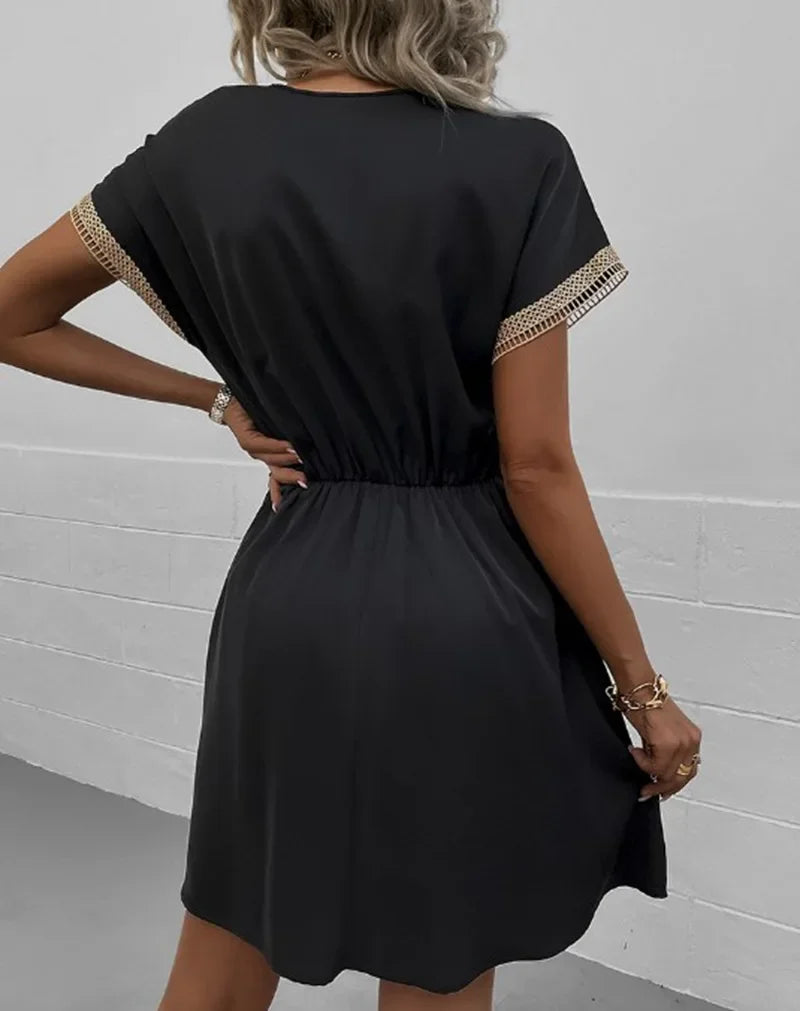 Women's summer dress, plain, with short sleeves and a V-neck