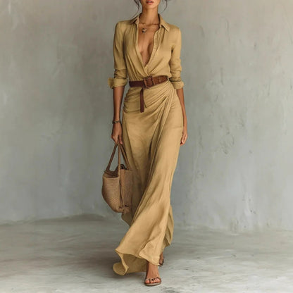 Fashion Sexy Single-breasted V-neck Long-sleeved Dress