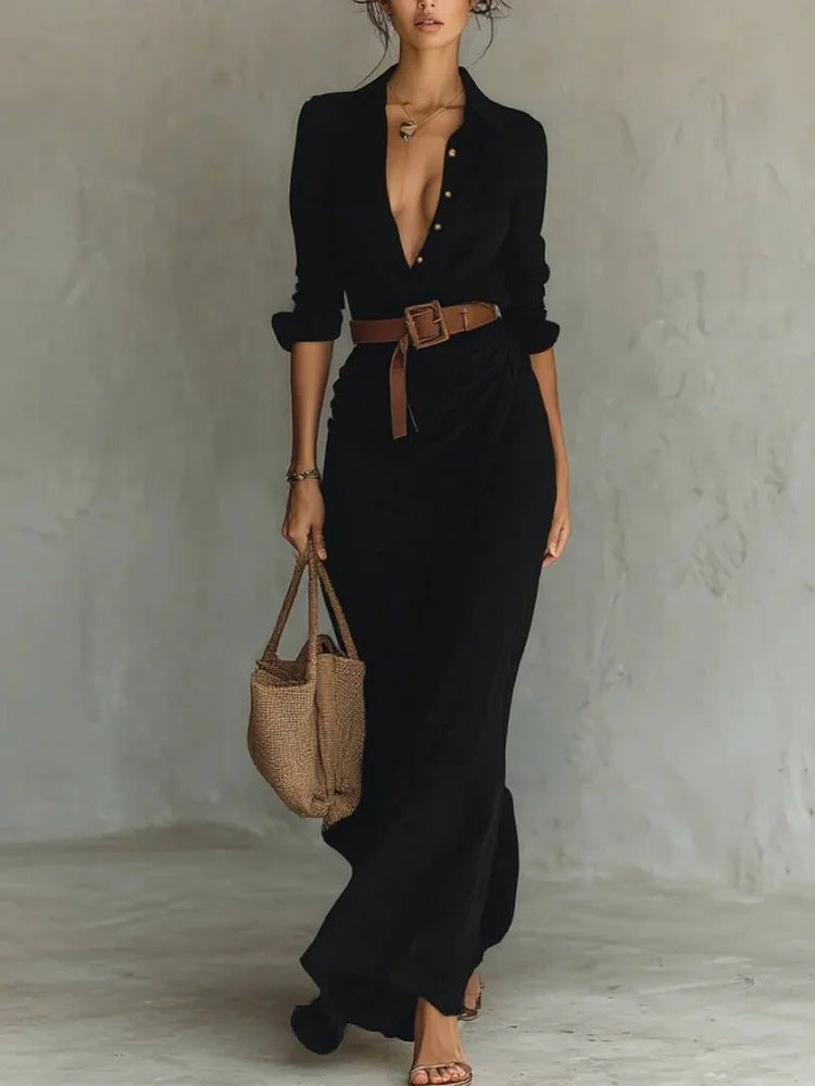 Fashion Sexy Single-breasted V-neck Long-sleeved Dress