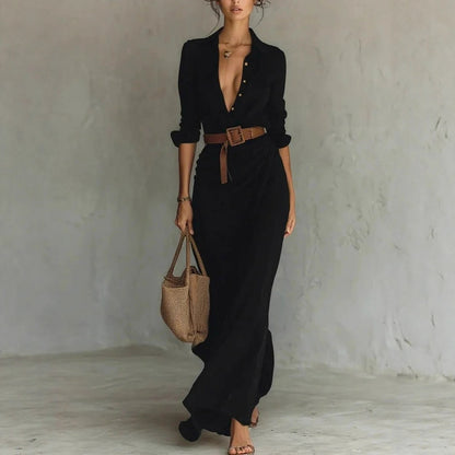 Fashion Sexy Single-breasted V-neck Long-sleeved Dress